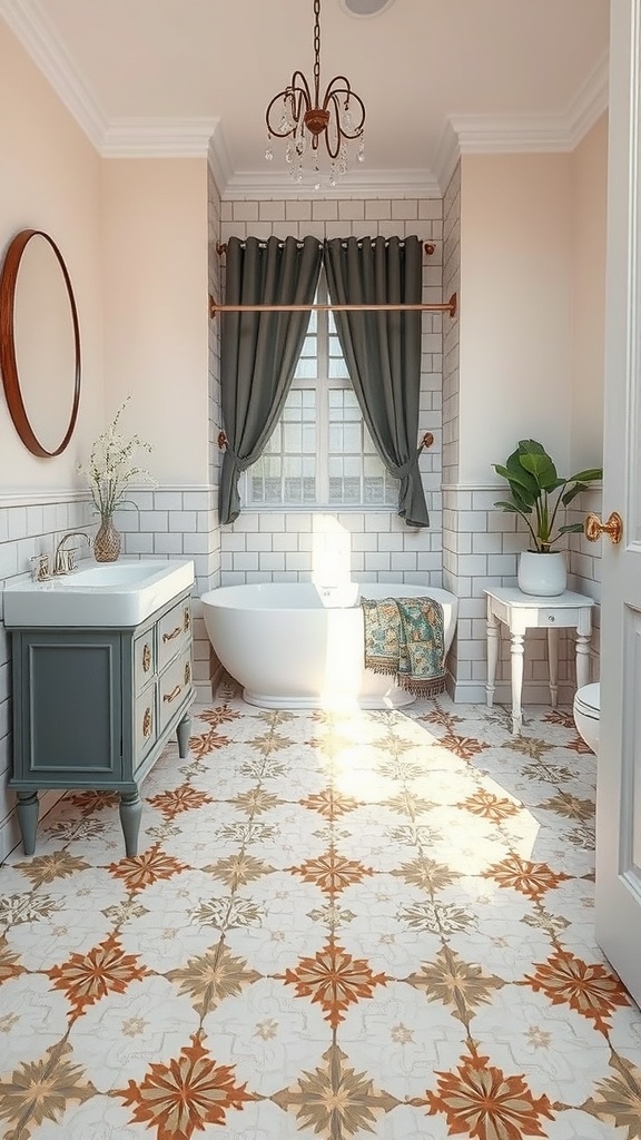 A small bathroom featuring intricate patterned tiles in warm colors, a freestanding bathtub, and elegant decor.