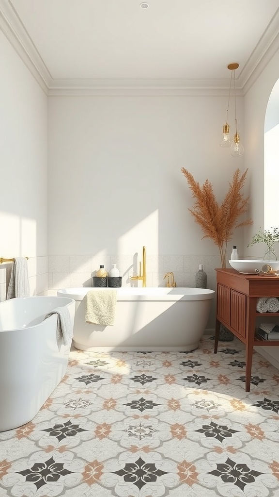 A stylish bathroom featuring a unique tile pattern on the floor, with a modern bathtub and natural decor.