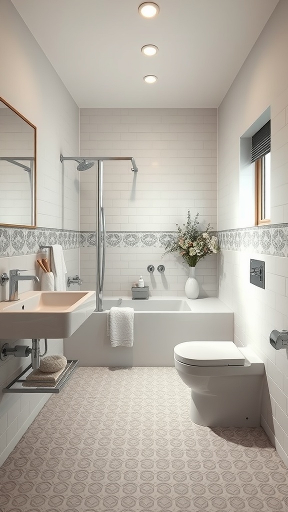 Modern small bathroom with creative tile patterns on the floor and walls
