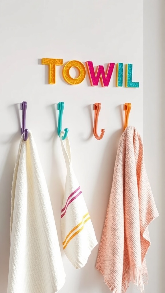 Colorful towel hooks with the word 'TOWIL' above, displaying various towels.