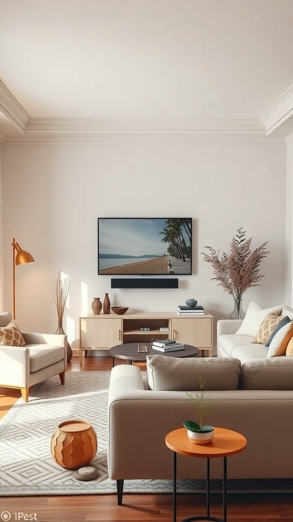 A cozy living room with a mounted TV on a light wall, featuring a floating shelf, plants, and stylish furniture.