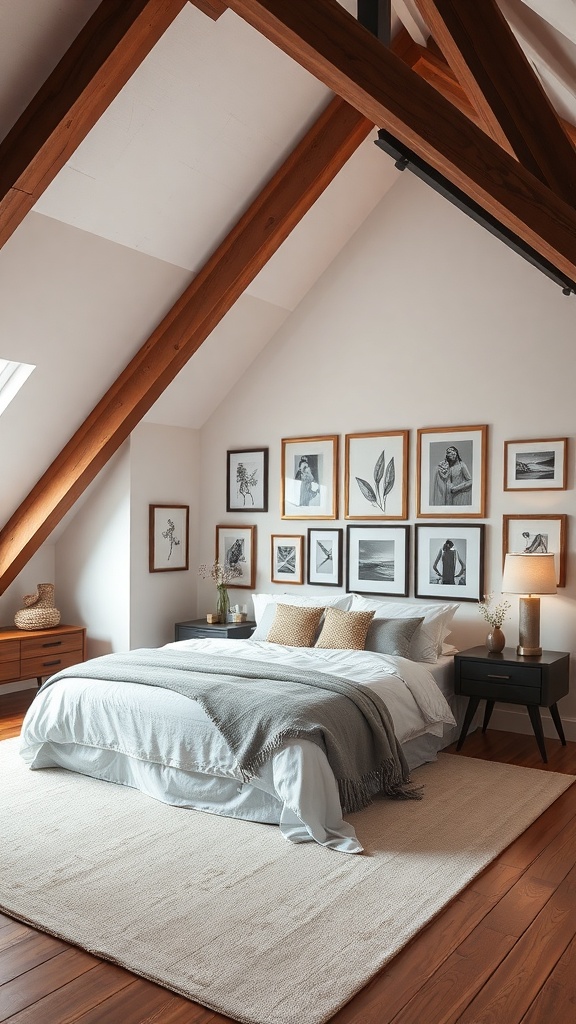 Cozy attic bedroom with angled ceilings and a gallery wall of framed art.
