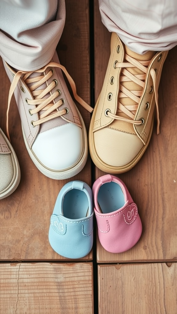 A pair of adult sneakers next to two baby shoes, one pink and one blue, placed on wooden flooring