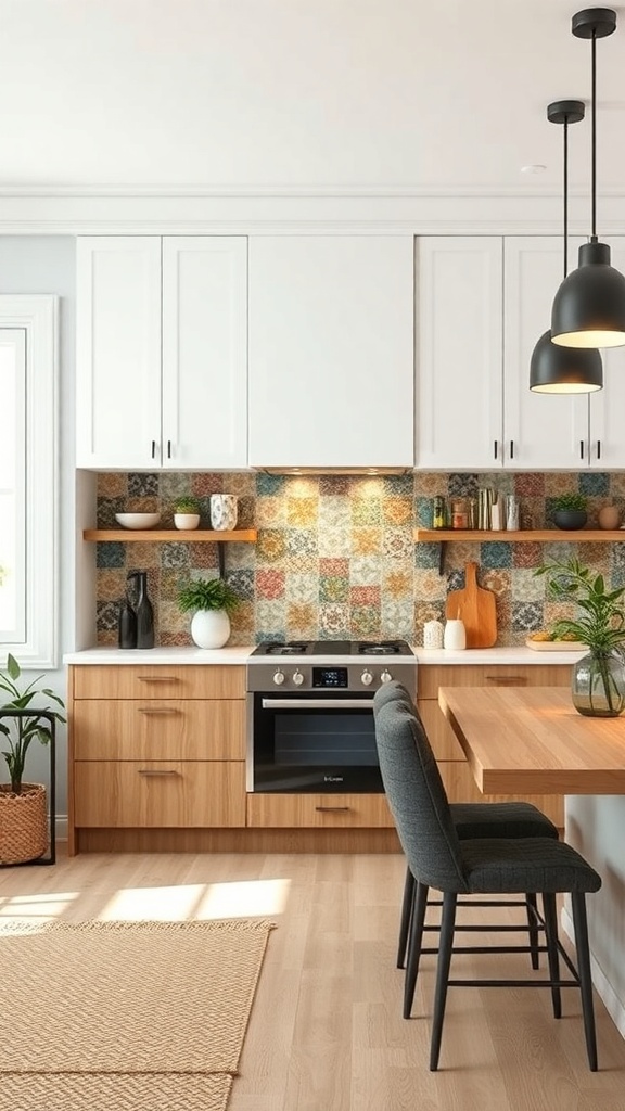 A modern kitchen with a colorful patterned backsplash, wooden cabinets, and open shelves.