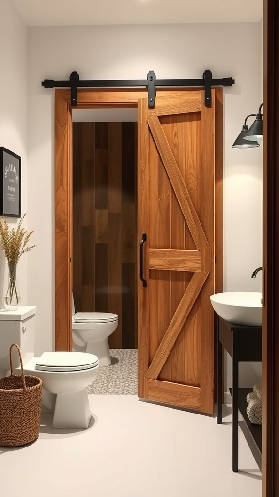 A rustic bathroom featuring a sliding barn door, modern fixtures, and natural materials.