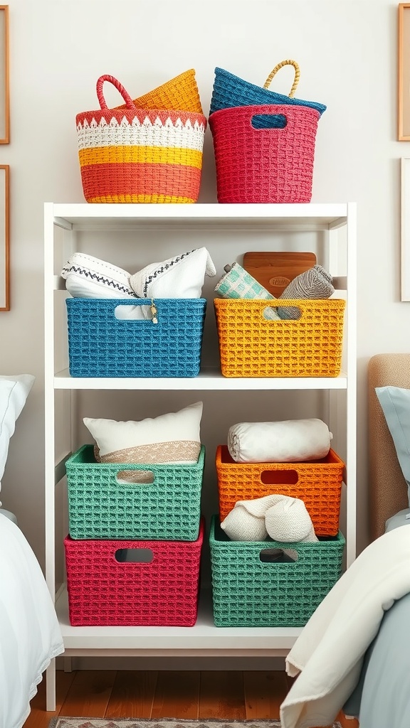 A colorful display of woven baskets on a shelf, organized for storage in a bedroom.