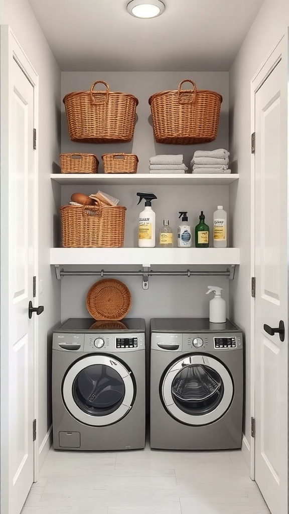 A small utility room featuring two washing machines, white shelves with woven baskets, and neatly folded towels.