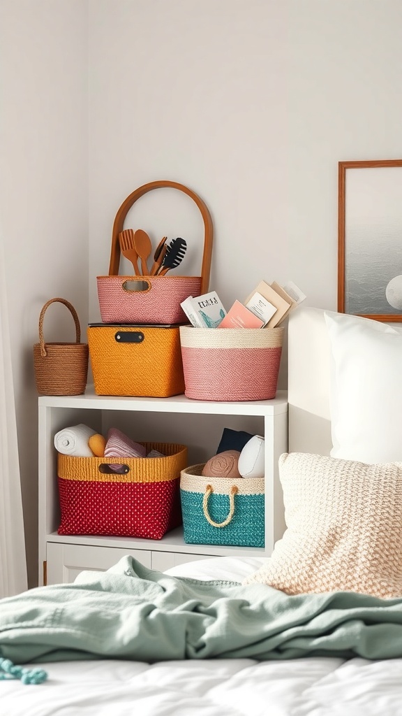 Colorful baskets arranged on a shelf for bedroom organization