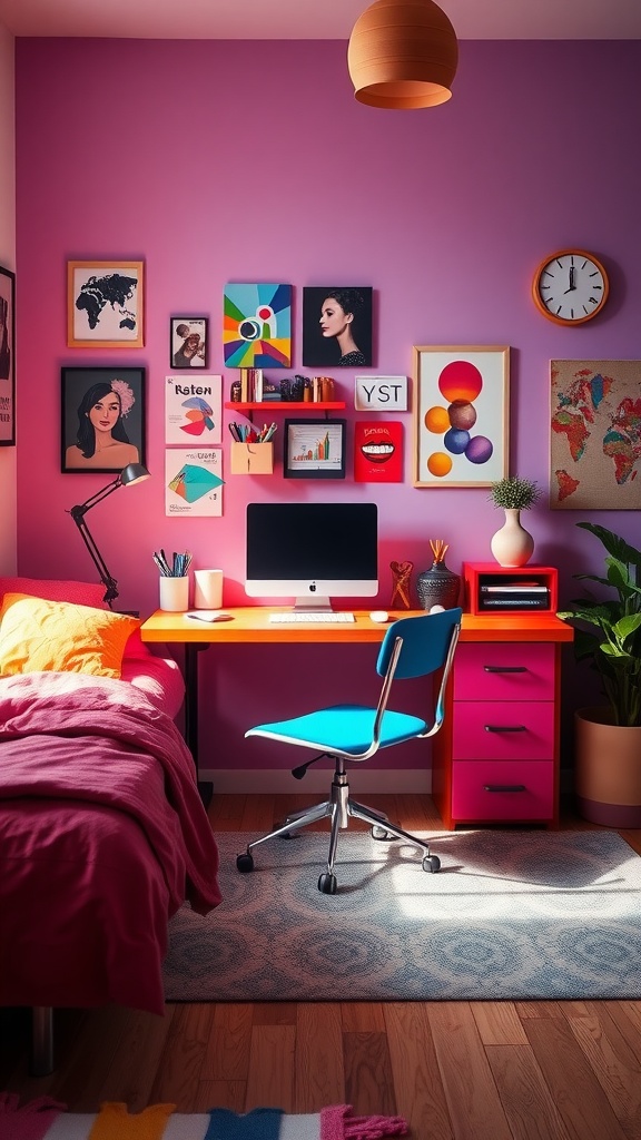 A colorful bedroom with a desk, featuring purple walls, an orange desk, and vibrant artwork.