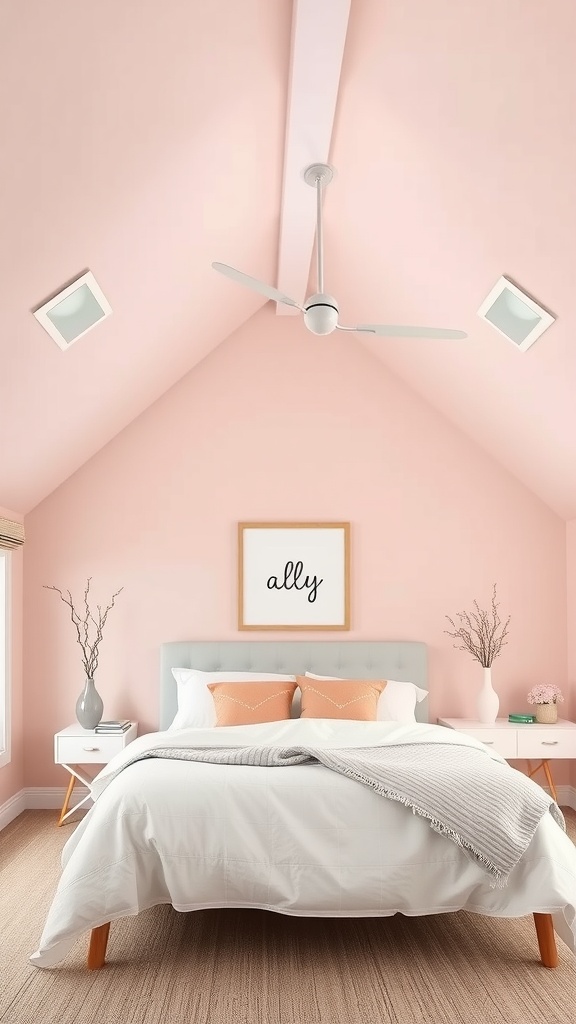 A cozy bedroom with a sloped pink ceiling, featuring a bed with white bedding and orange accents.
