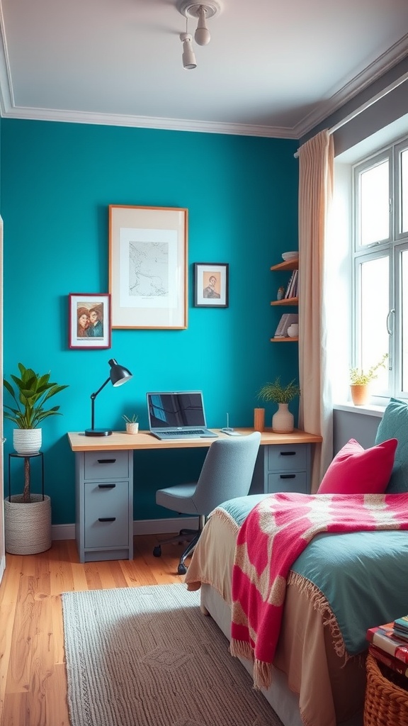 A small home office with turquoise walls, a gray desk, and colorful accessories.