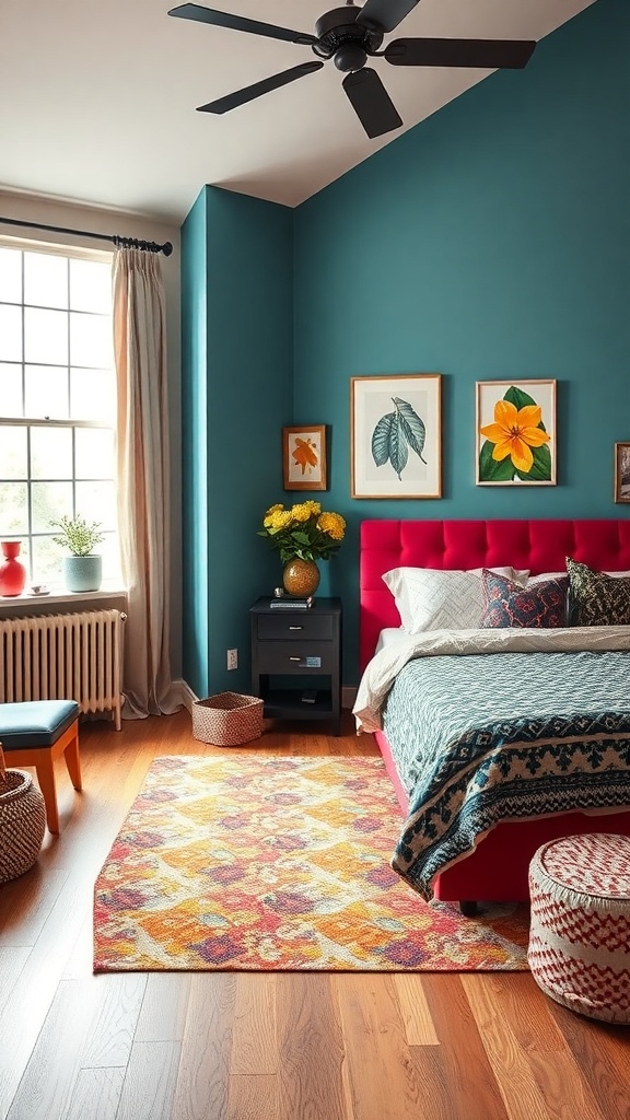 A loft-style bedroom with teal walls, a red tufted bed, colorful throw pillows, and a patterned area rug.