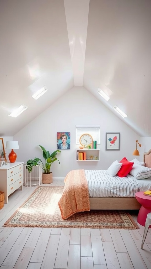 Bright attic bedroom with angled ceiling, light wood furniture, colorful accents, and plants