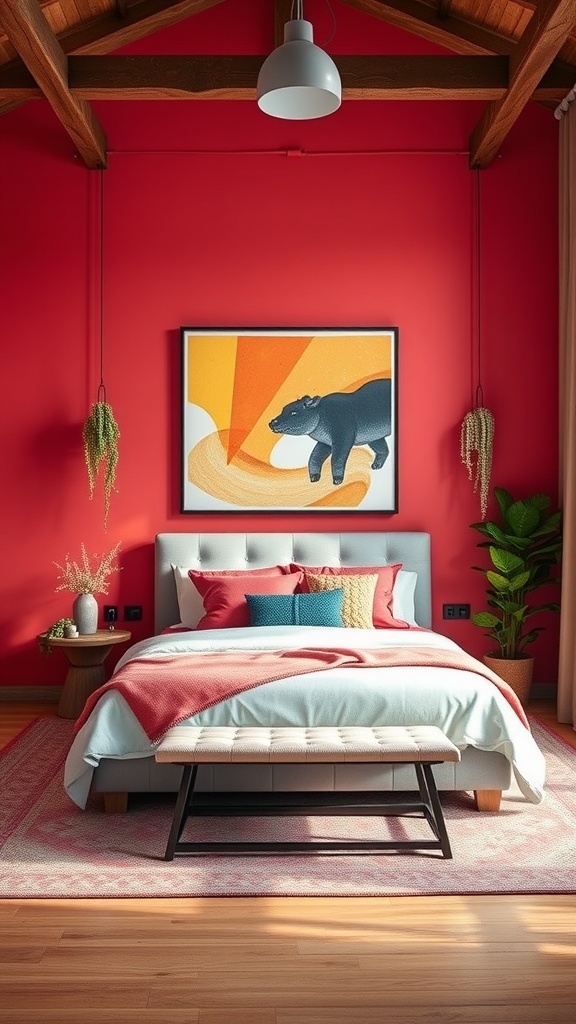A loft bedroom with a bold red wall, colorful bedding, and a bear artwork.