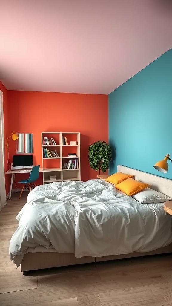 A colorful L-shaped bedroom with orange, blue, and pink walls.
