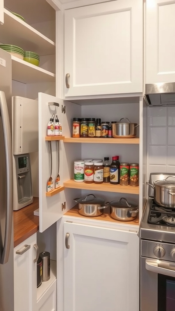 A small kitchen with corner cabinets neatly organized with jars and pots.