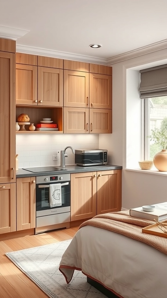 A small kitchen featuring wooden corner cabinets, a stove, and a microwave, with a cozy atmosphere.