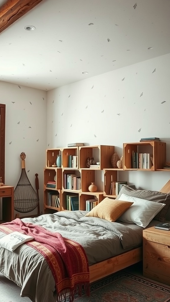 A cozy bedroom featuring a creative wooden crate bookshelf, a bed with gray bedding, and decorative items.