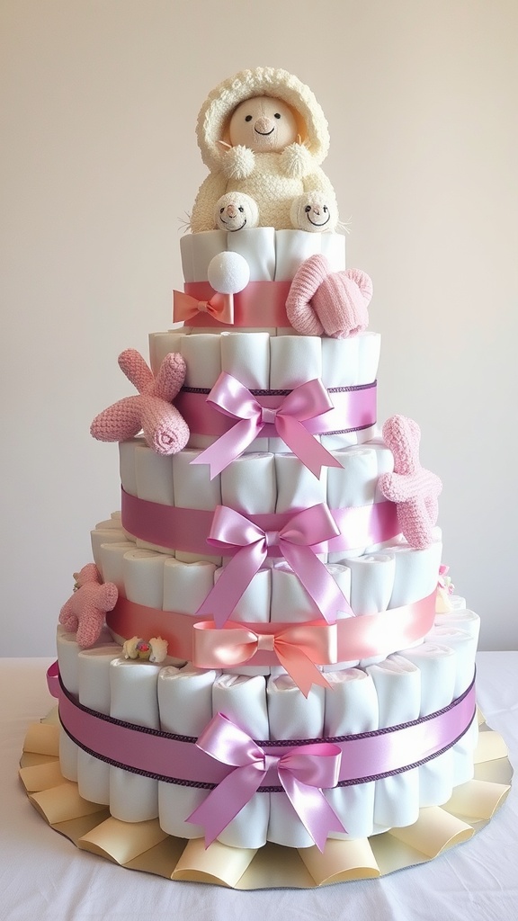 A three-tiered diaper cake centerpiece decorated with ribbons and a plush figure on top.