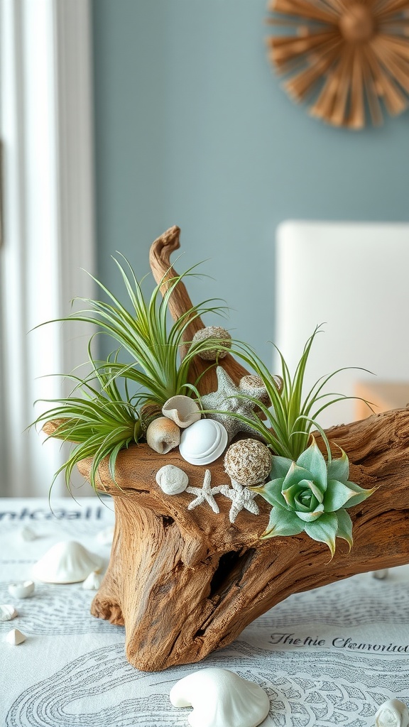 Air plants displayed creatively on driftwood with shells and stones.