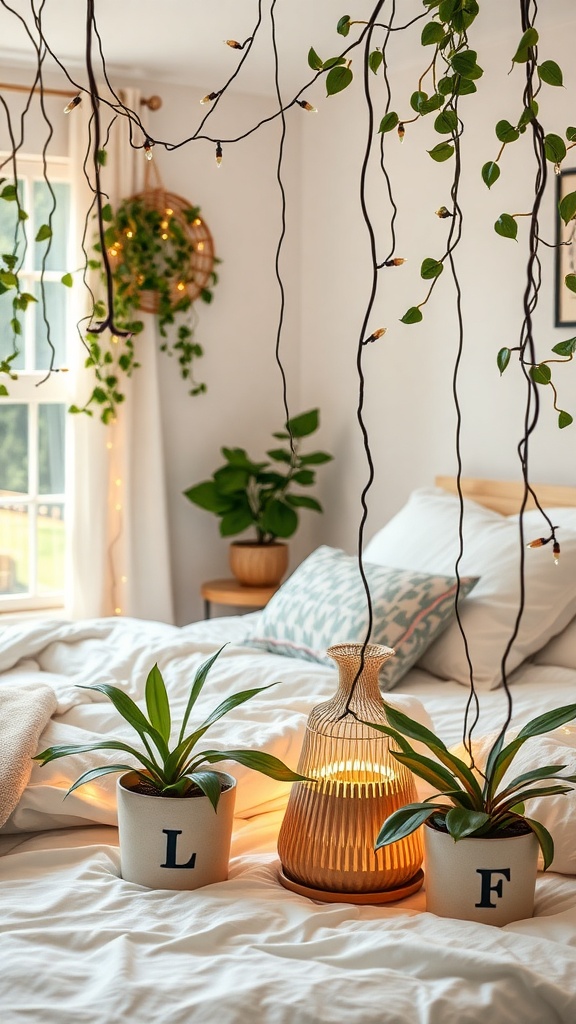 A cozy bedroom with fairy lights intertwined in plants, featuring potted plants on a bed side table and a warm lamp.