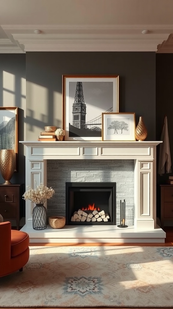 A stylish bedroom featuring a faux fireplace, decorated with art and vases