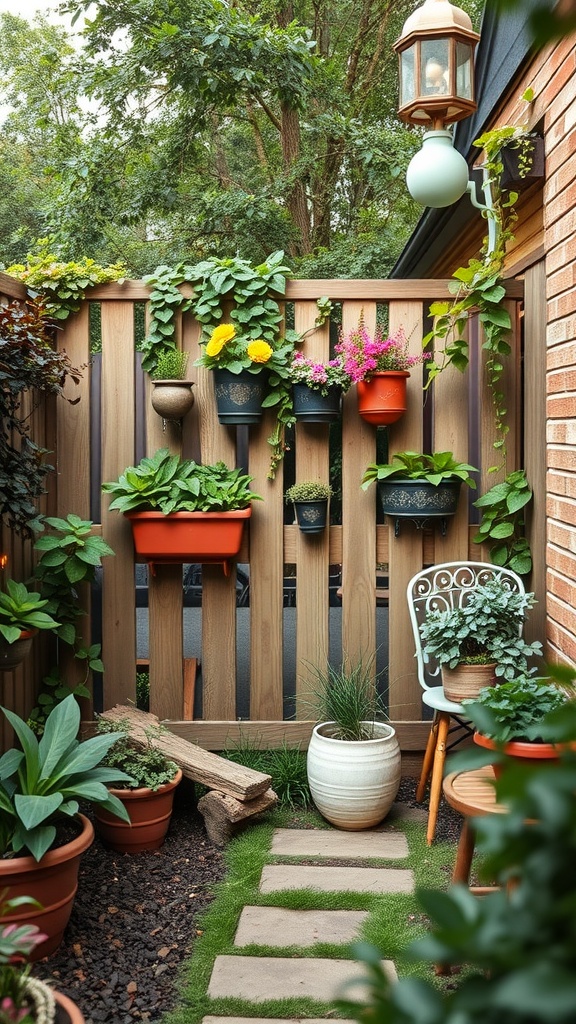 A small backyard featuring a wooden fence adorned with colorful hanging plants and a cozy seating area.