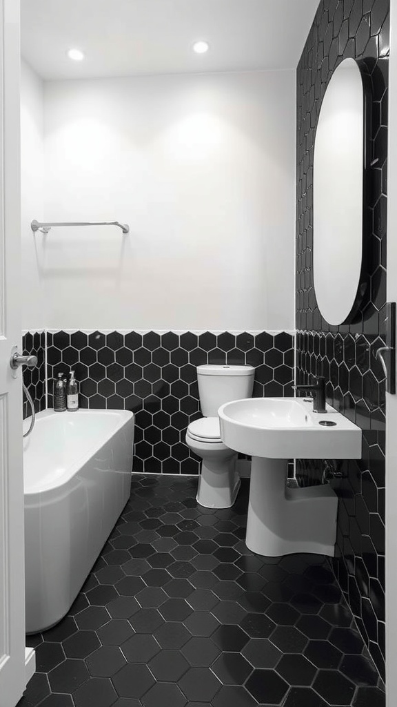 Modern bathroom featuring black hexagon tile walls and floor