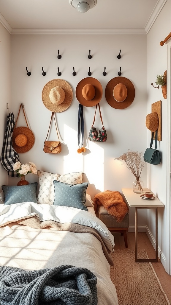 A cozy bedroom featuring a wall with multiple hooks displaying hats and bags, creating a stylish storage solution.