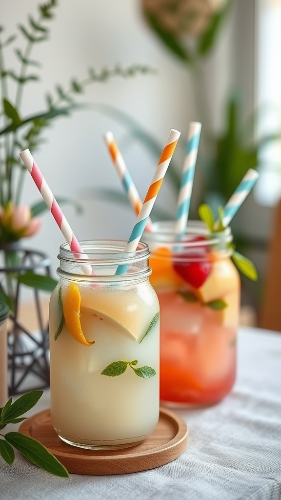 Mason jars with colorful drinks and straws for a baby shower