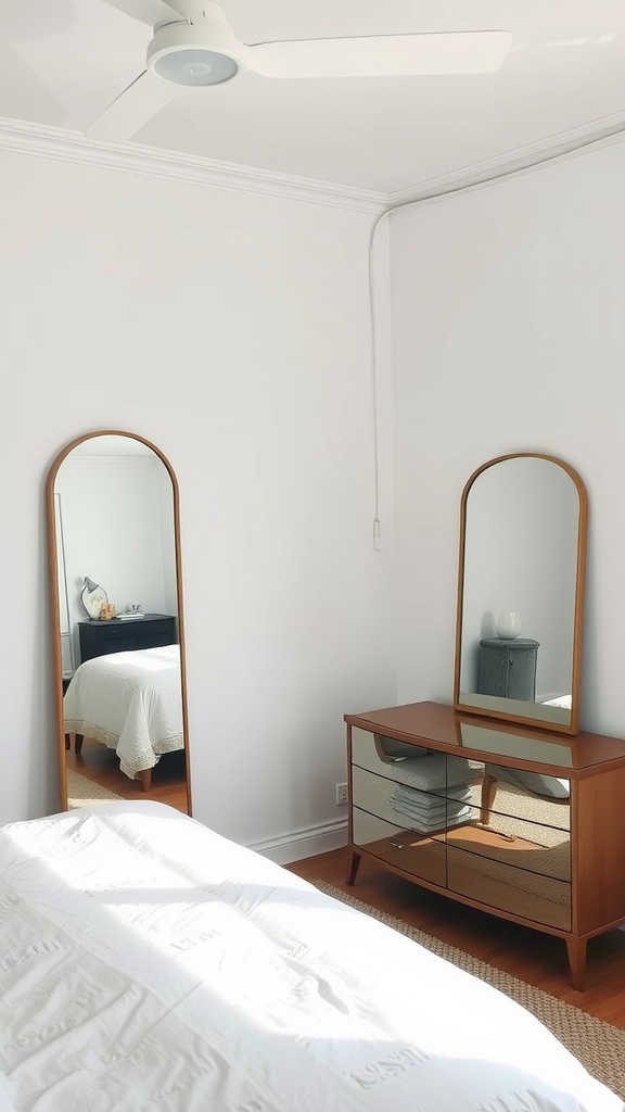 A serene bedroom featuring two stylish mirrors, a dresser, and a cozy bed.
