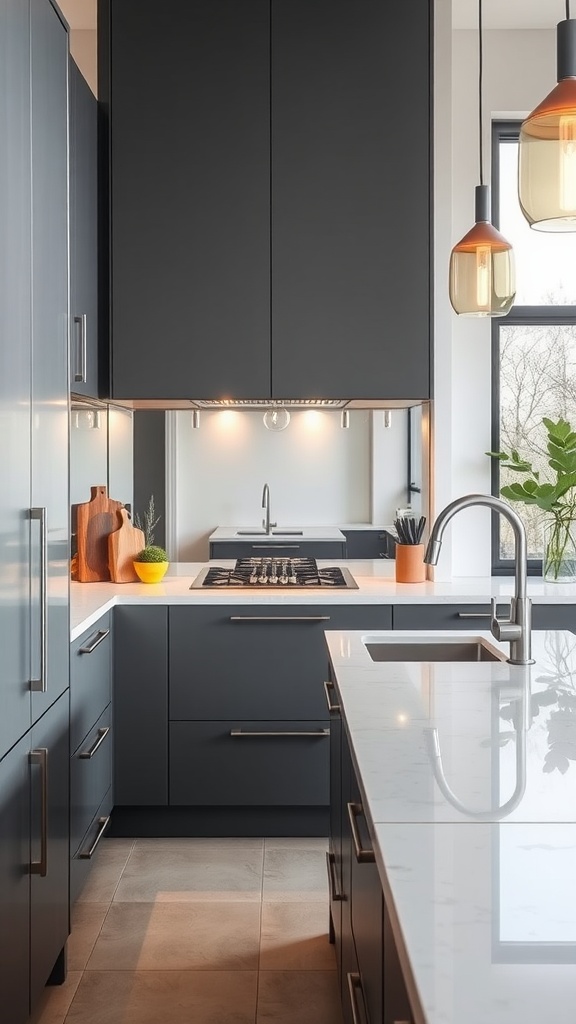 A modern kitchen with dark cabinets and a sleek countertop, featuring a stylish design that could incorporate mirrors as a backsplash.