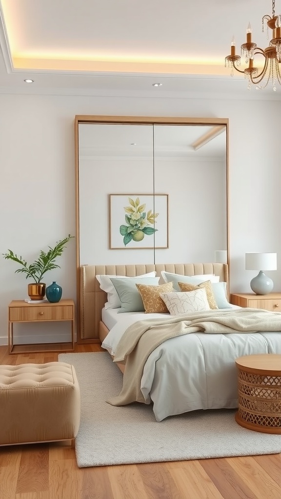 A stylish bedroom featuring a large mirror above the bed, warm wooden tones, and soft bedding.