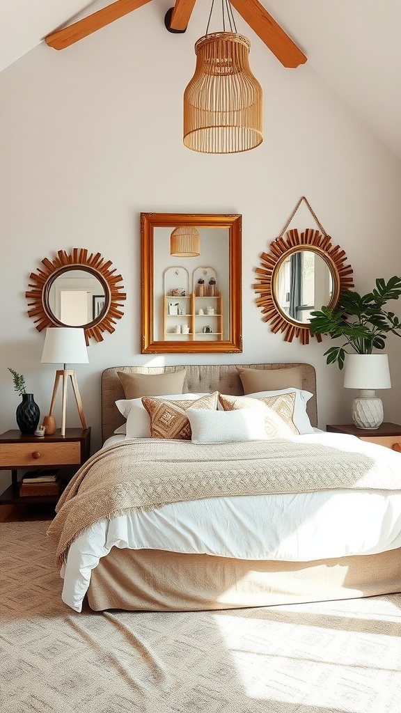 A boho bedroom featuring a bed with decorative pillows, a large rectangular mirror, and round mirrors on either side, complemented by a warm color palette and natural elements.