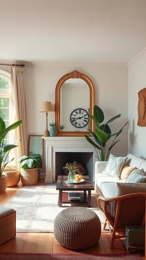 A cozy family room featuring a large arched mirror above a fireplace, surrounded by plants and a comfortable seating area.