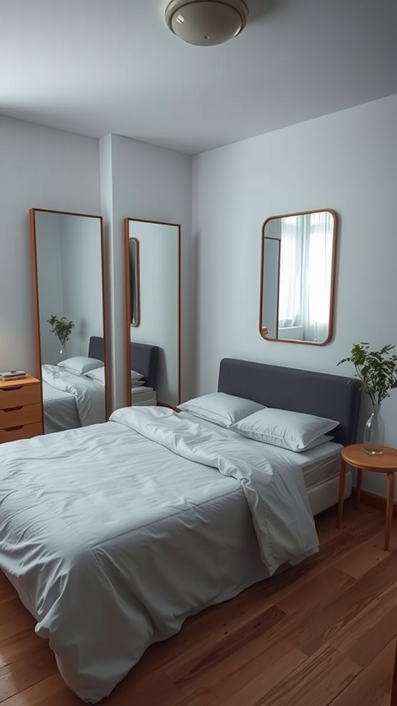 A small bedroom featuring a bed, nightstand, and large mirrors that enhance the sense of space.