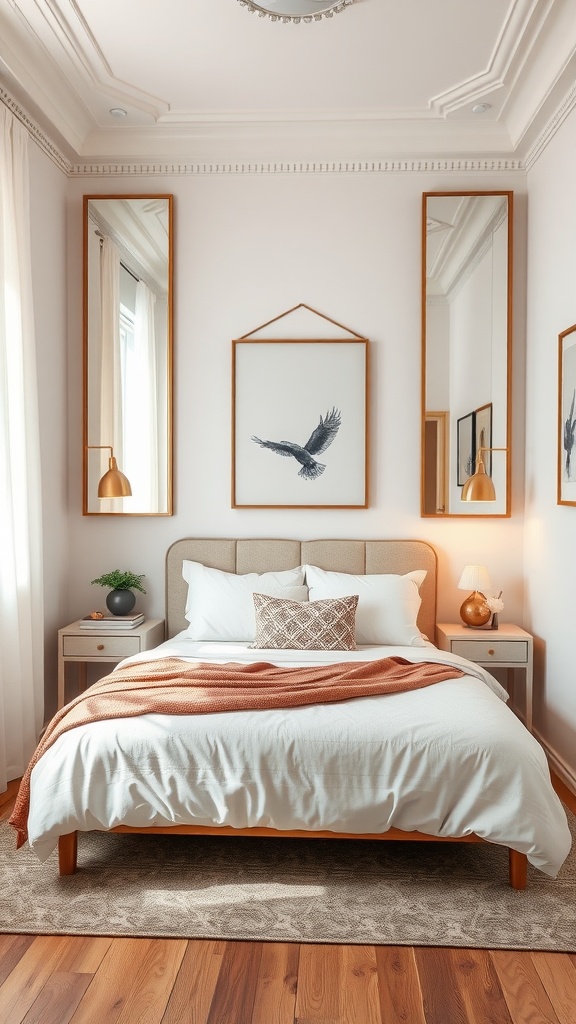 A cozy small bedroom featuring two tall mirrors, a bed with white bedding, and warm wooden furniture.