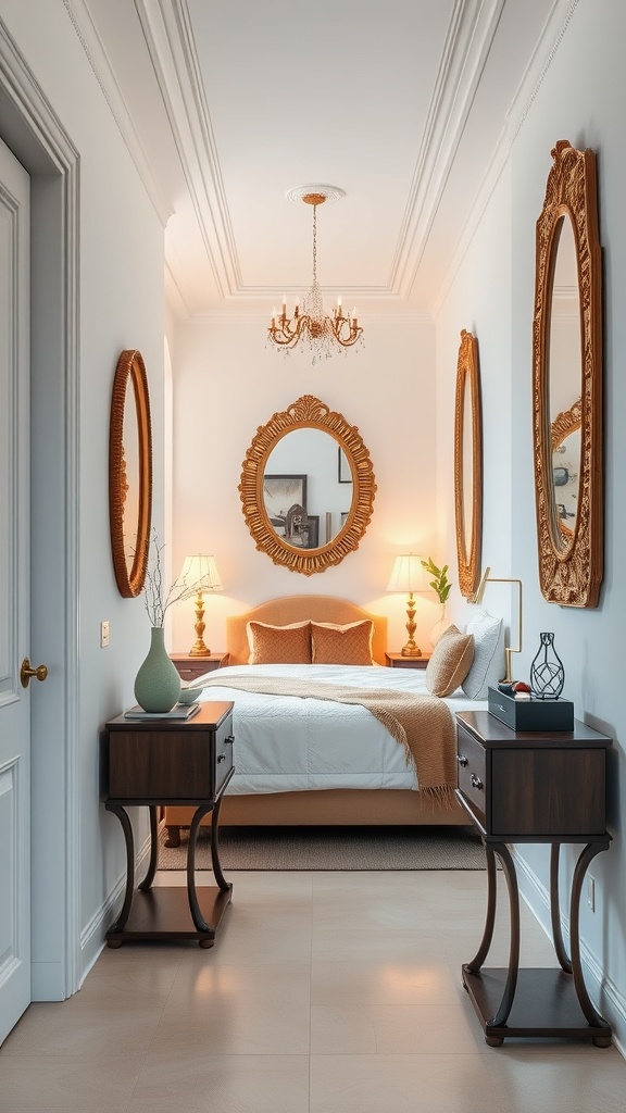 A stylish hallway featuring ornate mirrors, warm lighting, and elegant decor.