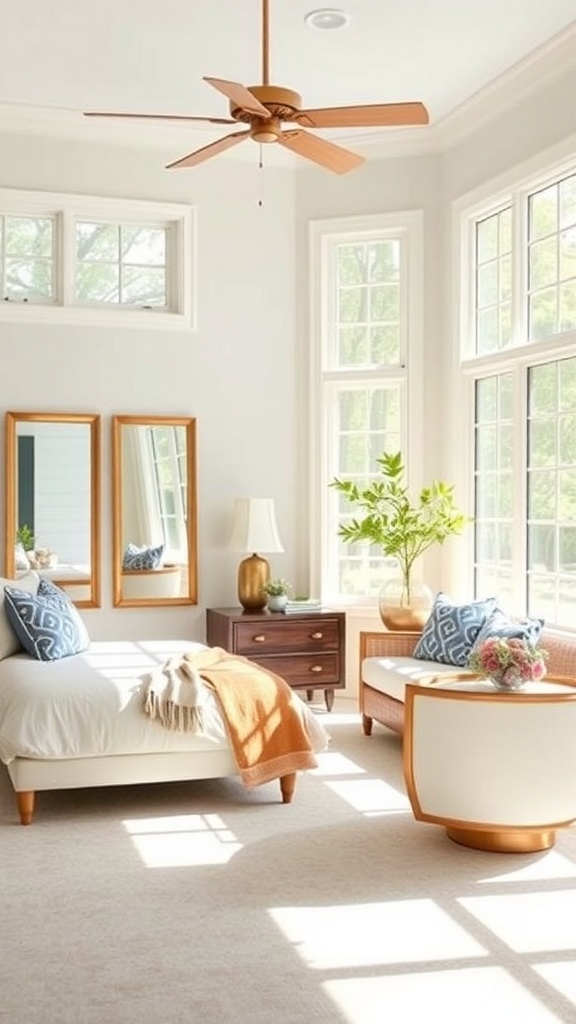 A bright sunroom featuring three mirrors, a bed, and a cozy seating area with natural light streaming in.