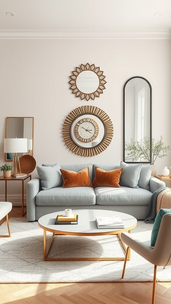 A stylish living room featuring multiple mirrors on the wall, a light blue couch with orange pillows, and a round coffee table.