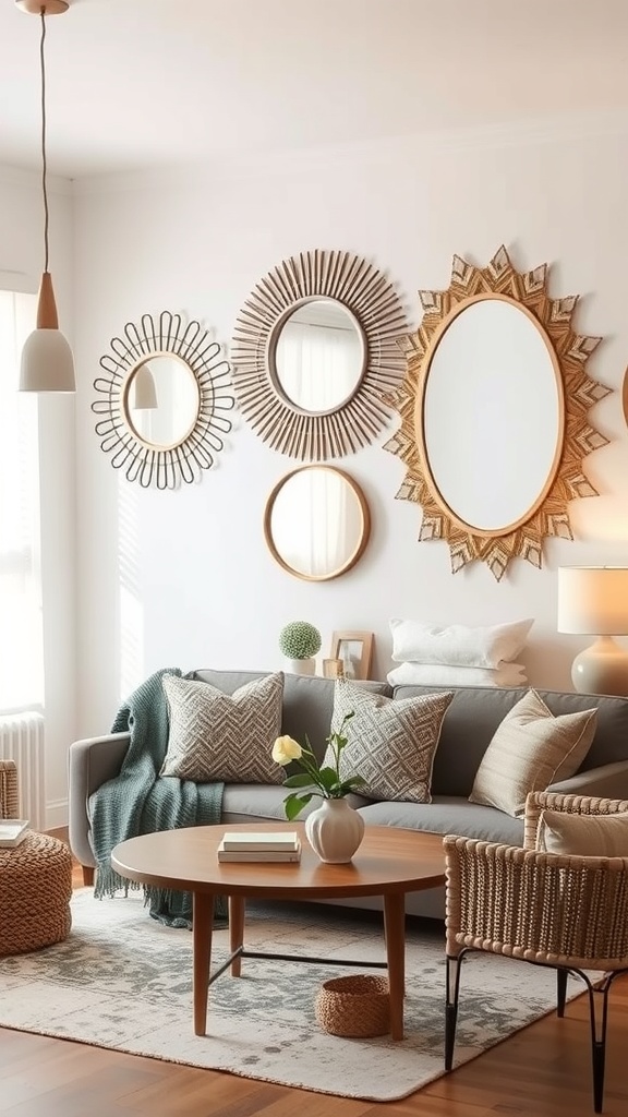 A boho living room featuring various decorative mirrors on the wall, a cozy couch, and a stylish coffee table.
