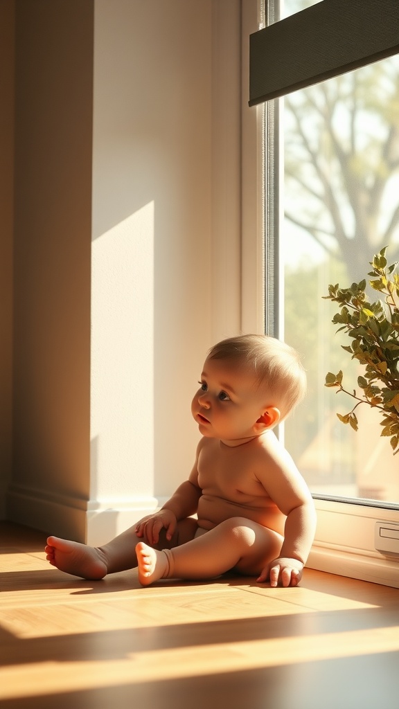 A baby sitting on a wooden floor near a window, with sunlight streaming in, creating soft shadows.