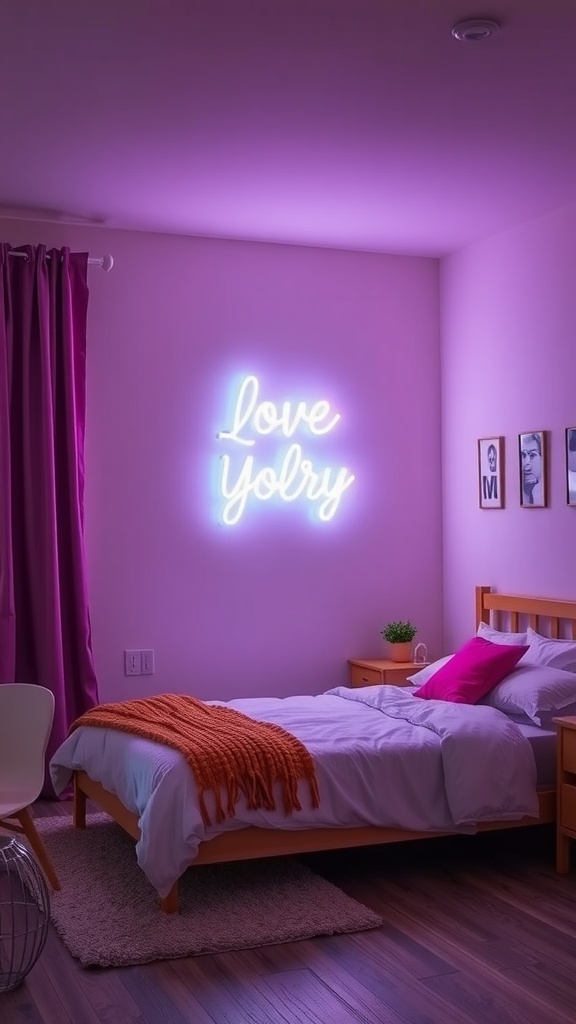 A cozy bedroom featuring a neon sign that says 'Love', with pink lighting and warm decor.