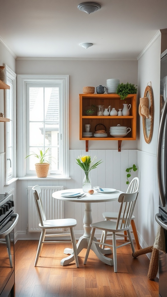 A cozy kitchen nook with a round table, two chairs, and decorative shelves filled with dishware and plants.