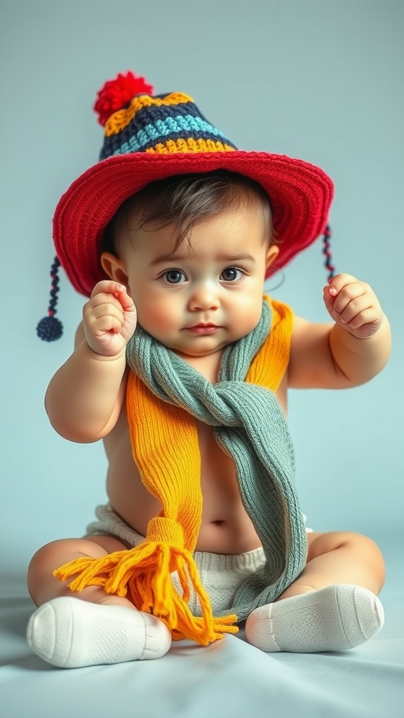 A cute baby wearing a colorful knitted hat and scarves, sitting in a playful pose.