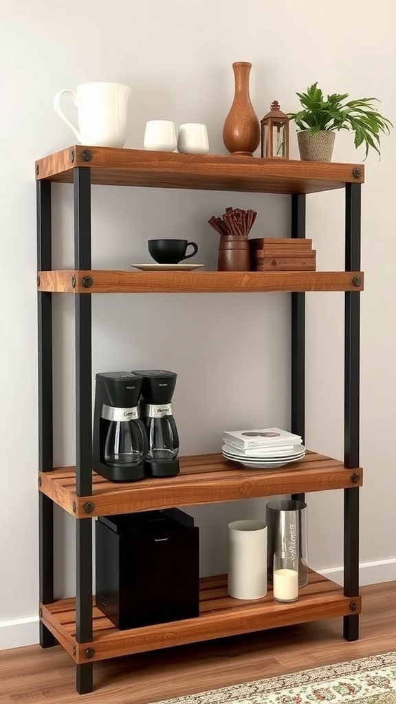 A coffee bar shelf made of reclaimed wood with coffee makers, cups, and decorative items.