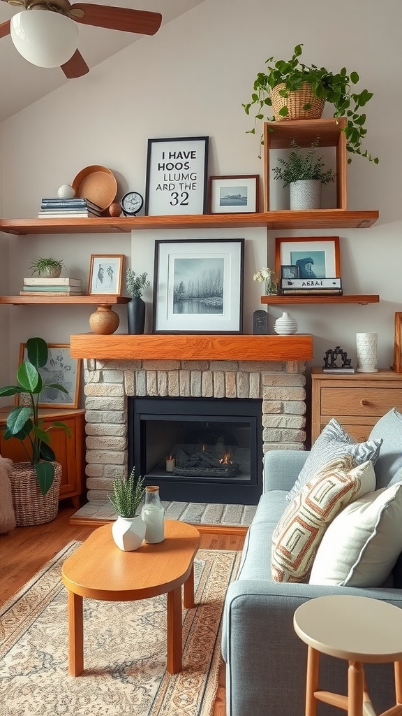 A cozy living room featuring reclaimed wood shelves above a fireplace, decorated with plants, books, and framed photos.