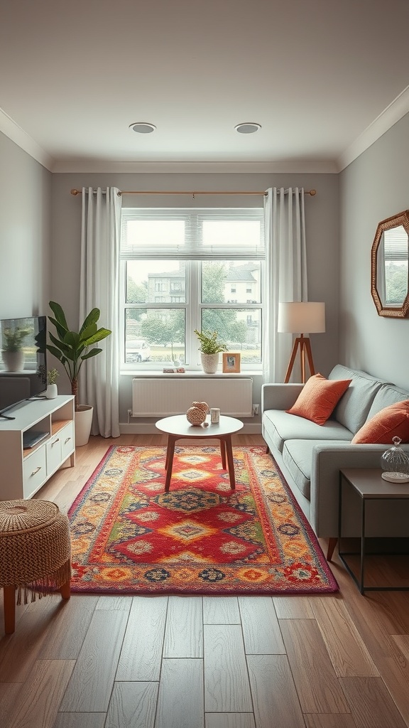 A cozy tiny living room featuring a vibrant patterned rug, a gray sofa with orange cushions, and a round coffee table.