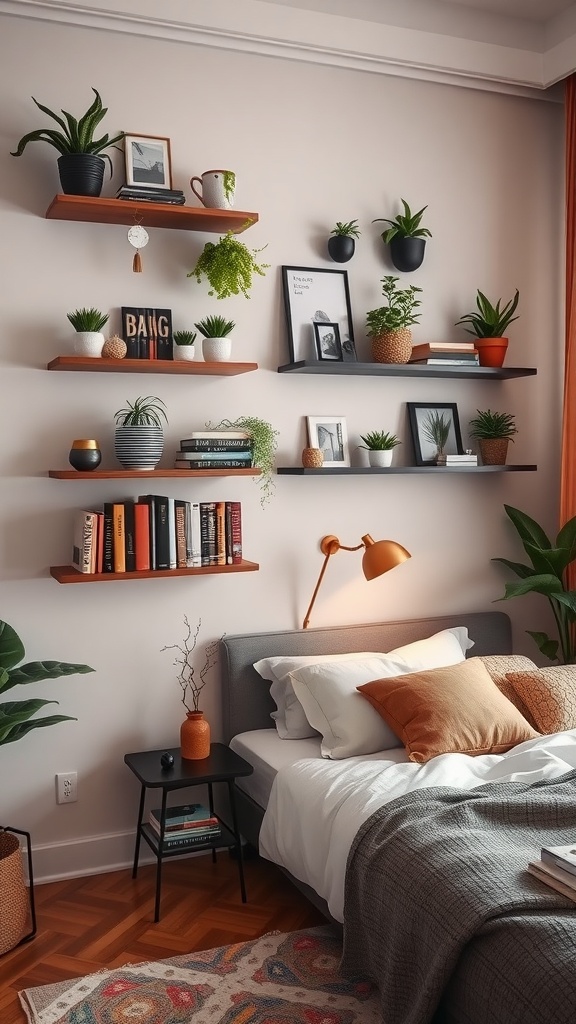 A well-organized bedroom with floating shelves filled with plants, books, and decorative items, showcasing creative shelving ideas.