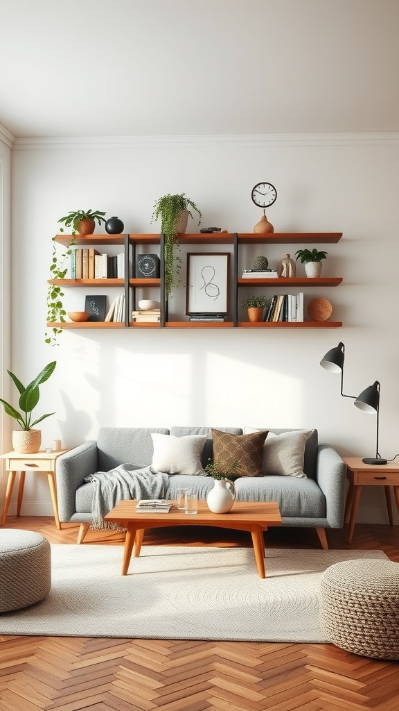 A bohemian living room with creative shelving, featuring books, plants, and decorative items.